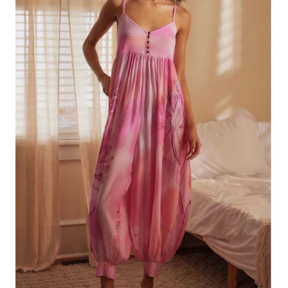 By Anthropologie Pink Tie Dye Floral Jumpsuit